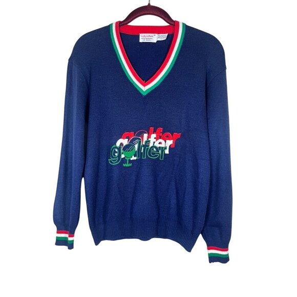 Vintage Retro Sweater M Blue Golf Embroidery Preppy Old Money Classic Chic 80s - Picture 1 of 11